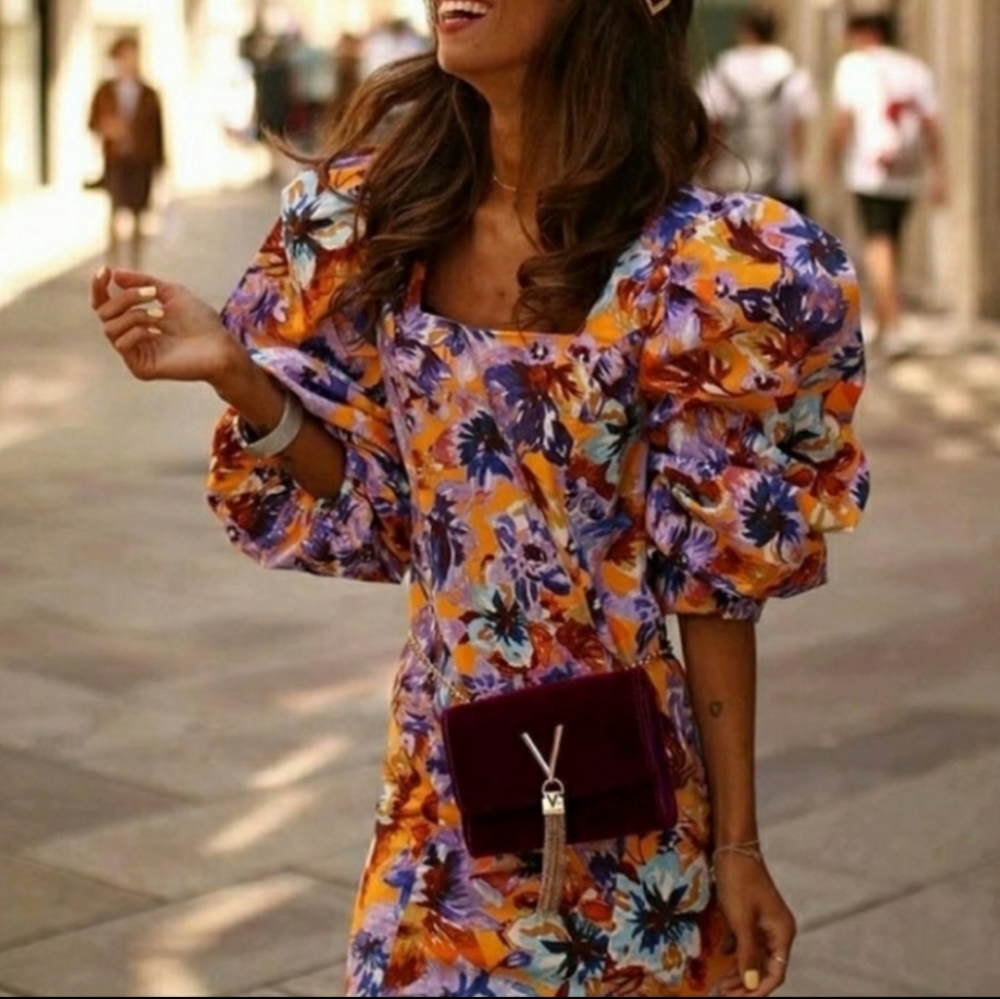 Zara Square Neck Balloon Puff Sleeve Mini Dress Size XS